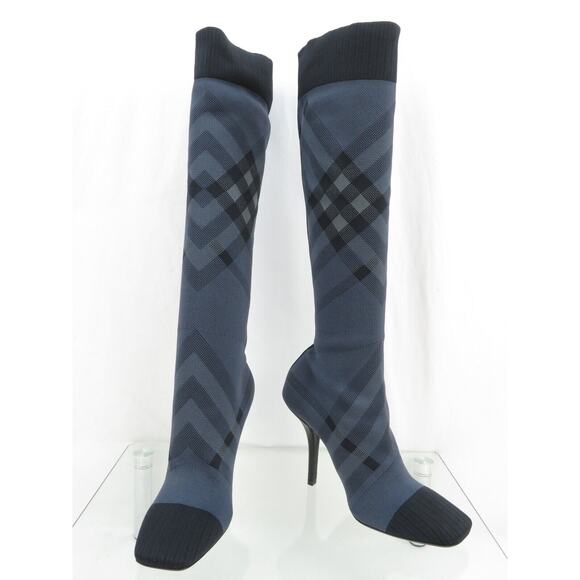 $1000 BURBERRY DOLMAN NAVY GRAY KNITTED CHECK KNEE HIGH HEEL SOCK BOOTS 37 - Picture 4 of 15
